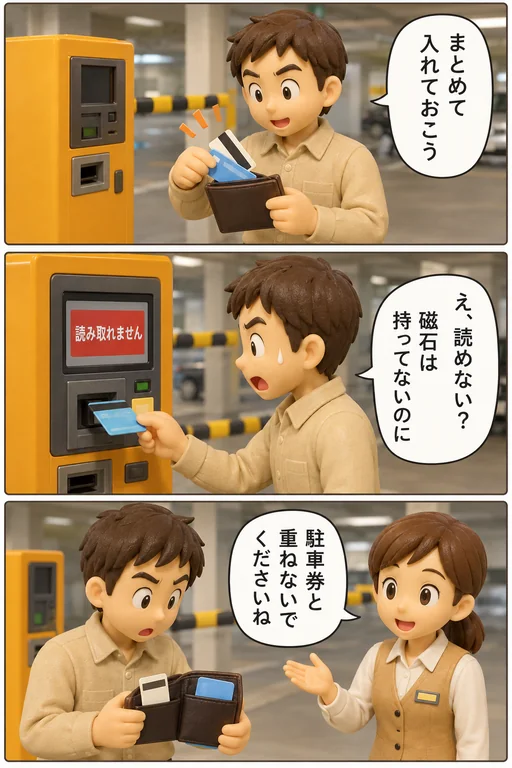 駐車券とプリペイドカードを重ねて財布に入れ、後日プリペイドカードが読めなくなる3コマ漫画